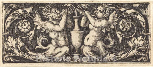 Art Print : Sebald Beham, Ornament with Two Tritons Blowing Horns, 1544 - Vintage Wall Art