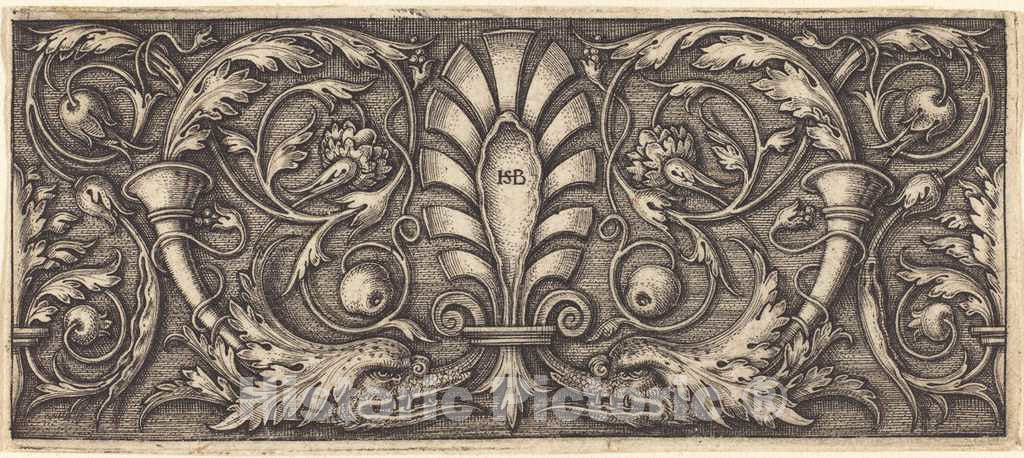 Art Print : Sebald Beham, Ornament with Two Grotesque Dolphins - Vintage Wall Art