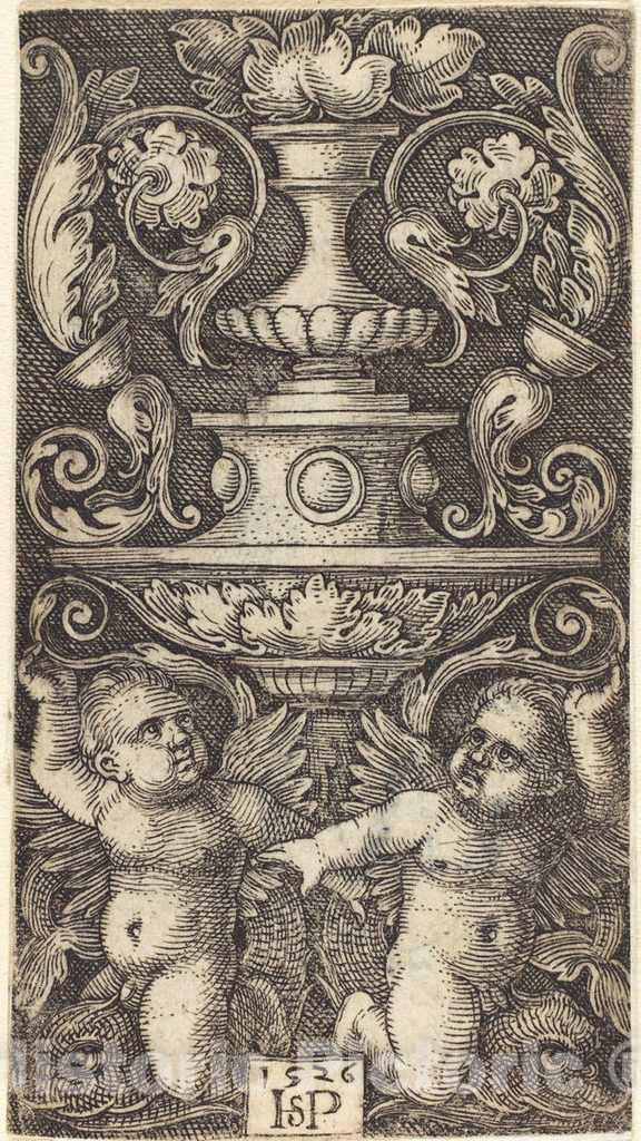 Art Print : Sebald Beham, Double Cup with Two Genii Riding on Dolphins, 1526 - Vintage Wall Art