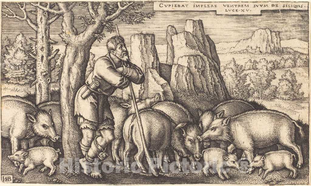 Art Print : Sebald Beham, The Prodigal Son with The Swine - Vintage Wall Art