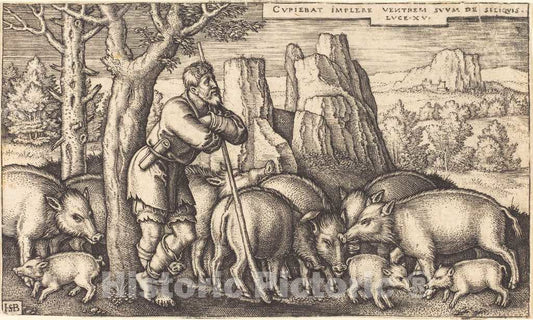 Art Print : Sebald Beham, The Prodigal Son with The Swine - Vintage Wall Art