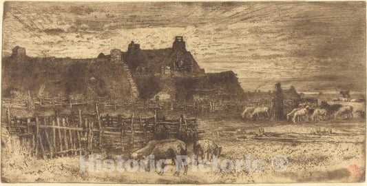 Art Print : FÃ©lix-Hilaire Buhot, Les Bergeries, Soleil Couchant (Pastoral Scene, Setting Sun) - Vintage Wall Art