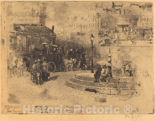 Art Print : FÃ©lix-Hilaire Buhot, La Place Pigalle en 1878 (Place Pigalle in 1878), 1878 - Vintage Wall Art
