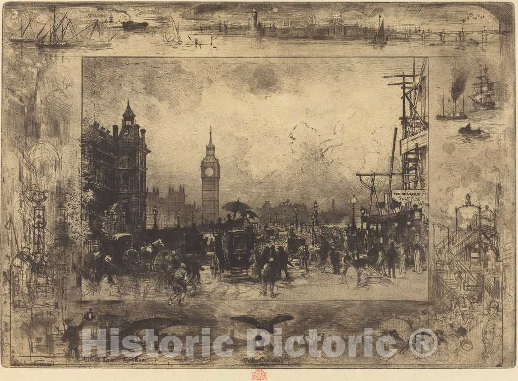 Art Print : FÃ©lix-Hilaire Buhot, Westminster Bridge, 1884 - Vintage Wall Art