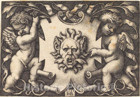 Art Print : Sebald Beham, Mask Held by Two Genii, 1544 - Vintage Wall Art