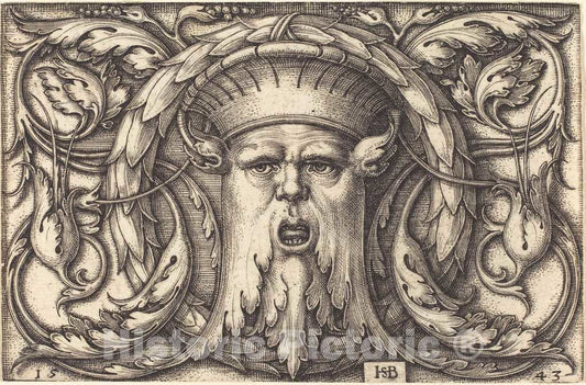 Art Print : Sebald Beham, Ornament with a Mask, 1543 - Vintage Wall Art