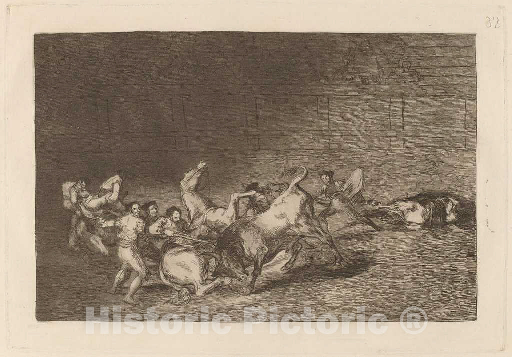 Art Print : Francisco de Goya, Two Teams of Picadors Thrown One After The Other by a Single Bull, in or Before 1816 - Vintage Wall Art