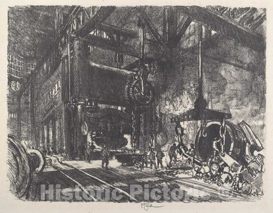 Art Print : Joseph Pennell, in The Land of Brobdingnag, The Armour Plate Bending Press, 1917 - Vintage Wall Art