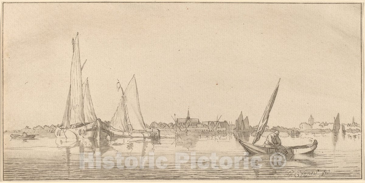 Art Print : Amstel and Schreuder After Coopse, River with Town, 1775 - Vintage Wall Art
