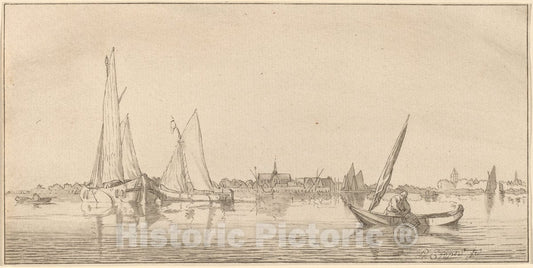Art Print : Amstel and Schreuder After Coopse, River with Town, 1775 - Vintage Wall Art