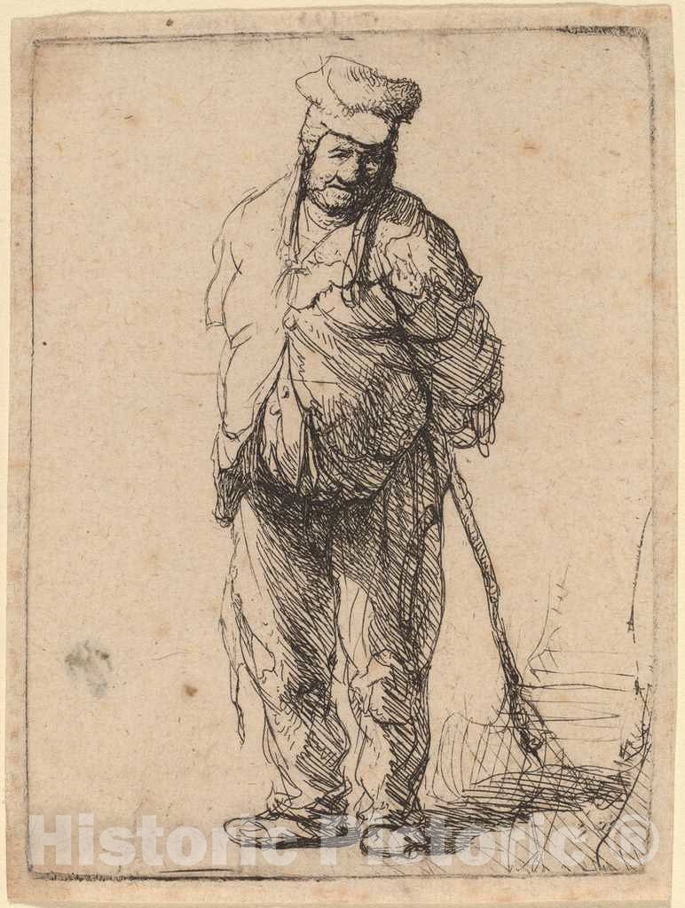 Art Print : Rembrandt, Ragged Peasant with His Hands Behind Him, Holding a Stick, c. 1630 - Vintage Wall Art