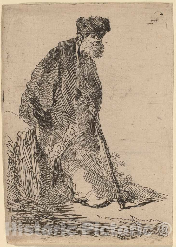 Art Print : Rembrandt, Man in a Coat and Fur Cap Leaning Against a Bank, c. 1630 - Vintage Wall Art
