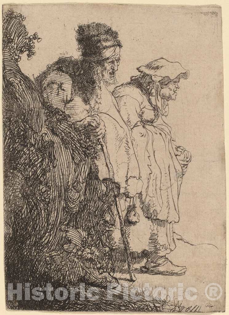 Art Print : Rembrandt, Beggar Man and Woman Behind a Bank, c. 1630 - Vintage Wall Art