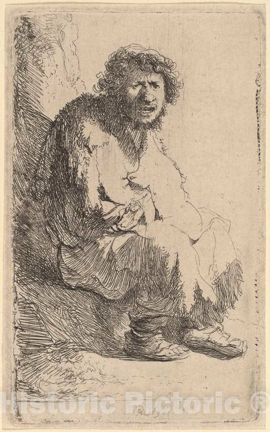Art Print : Rembrandt, Beggar Seated on a Bank, 1630 - Vintage Wall Art