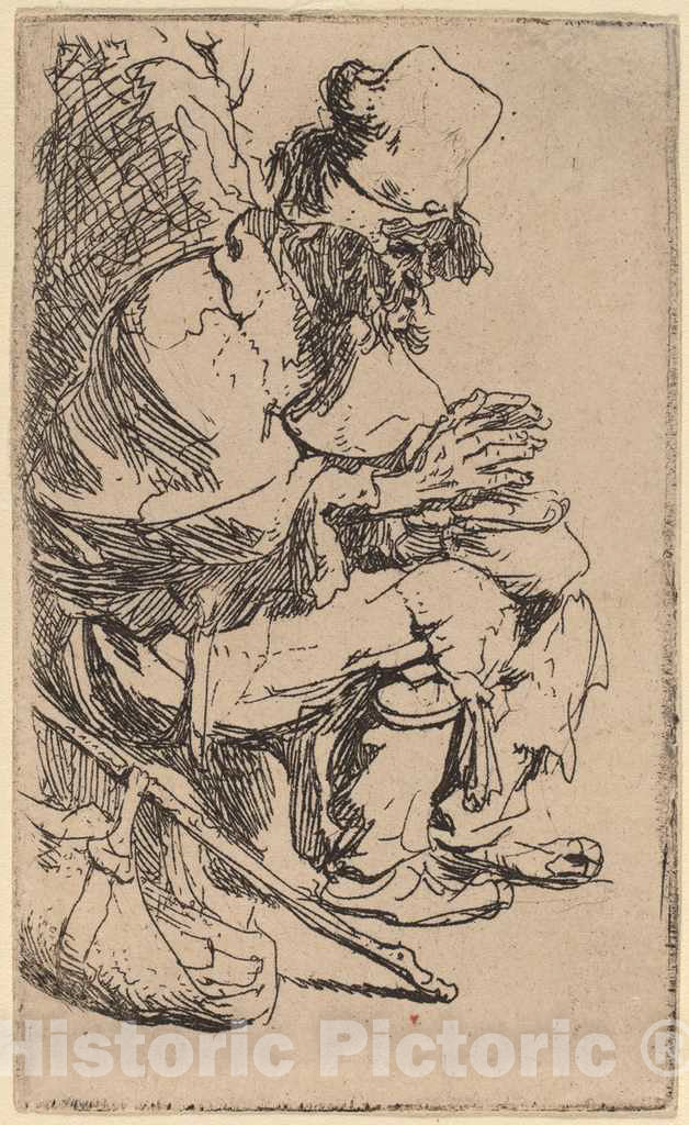 Art Print : Rembrandt, Beggar Seated Warming His Hands at a Chafing Dish, c. 1630 - Vintage Wall Art