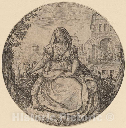 Art Print : Hendrik Goltzius, Allegory with a Woman with Two Serpents and Two Pigeons, c. 1586 - Vintage Wall Art