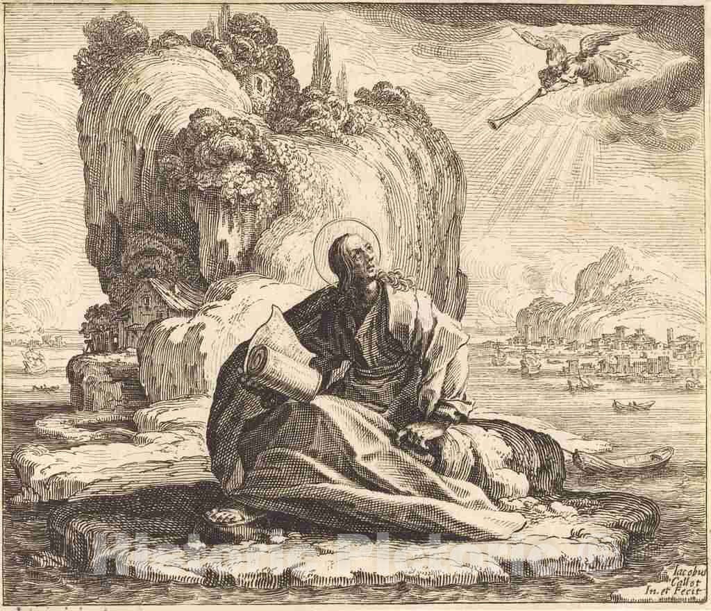 Art Print : Jacques Callot, Saint John on The Isle of Patmos, 1625 - Vintage Wall Art