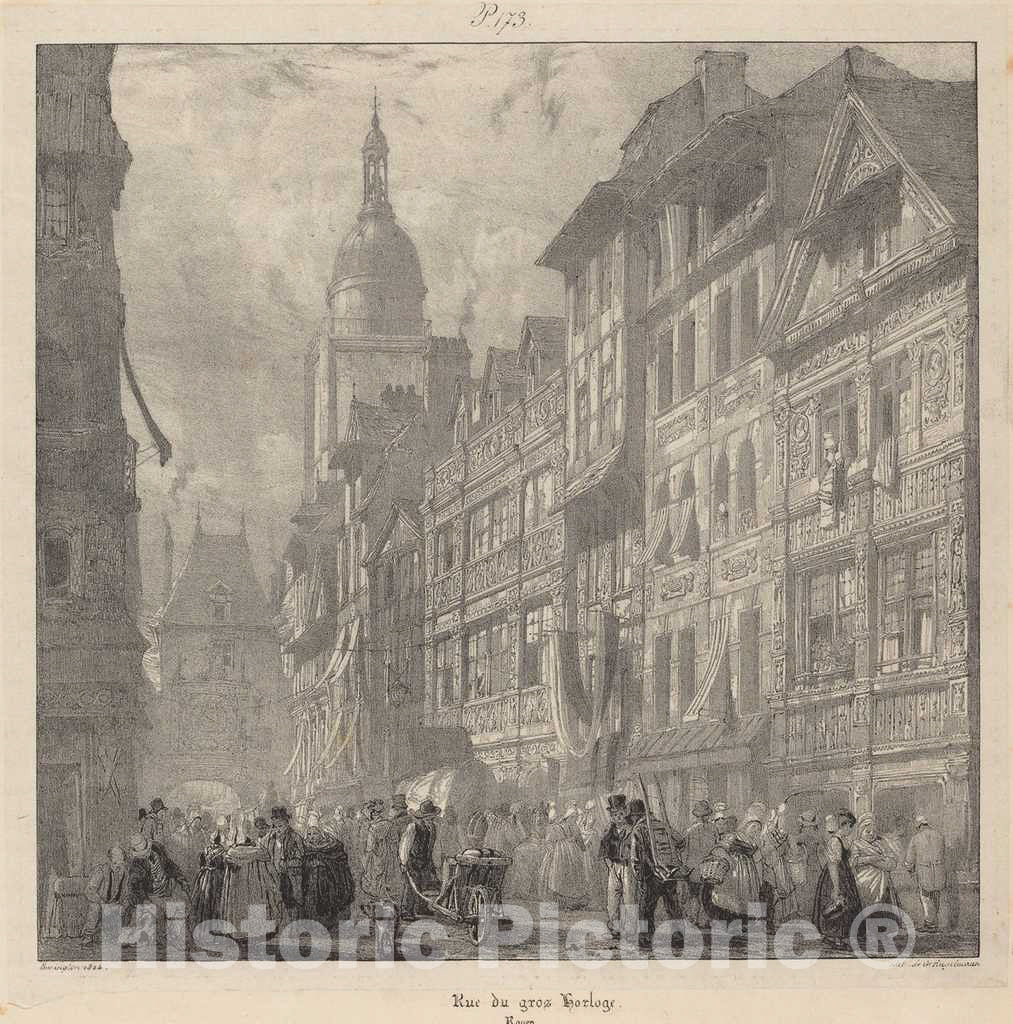 Art Print : Richard Parkes Bonington, Rue du gros-horloge, Rouen, 1824 - Vintage Wall Art