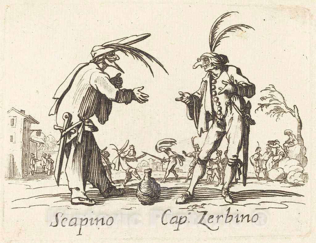 Art Print : Jacques Callot, Scapino and Cap. Zerbino - Vintage Wall Art