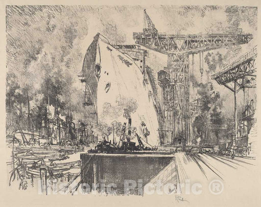 Art Print : Joseph Pennell, Building The Bismarck, Hamburg, 1914 - Vintage Wall Art