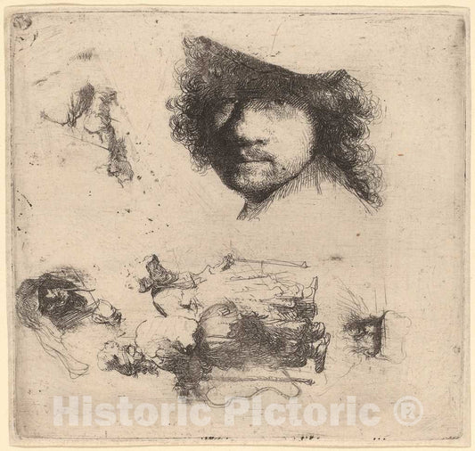 Art Print : Rembrandt, Sheet of Studies Including Head of The Artist, a Beggar Couple, Heads of an Old Man a, c. 1632 - Vintage Wall Art