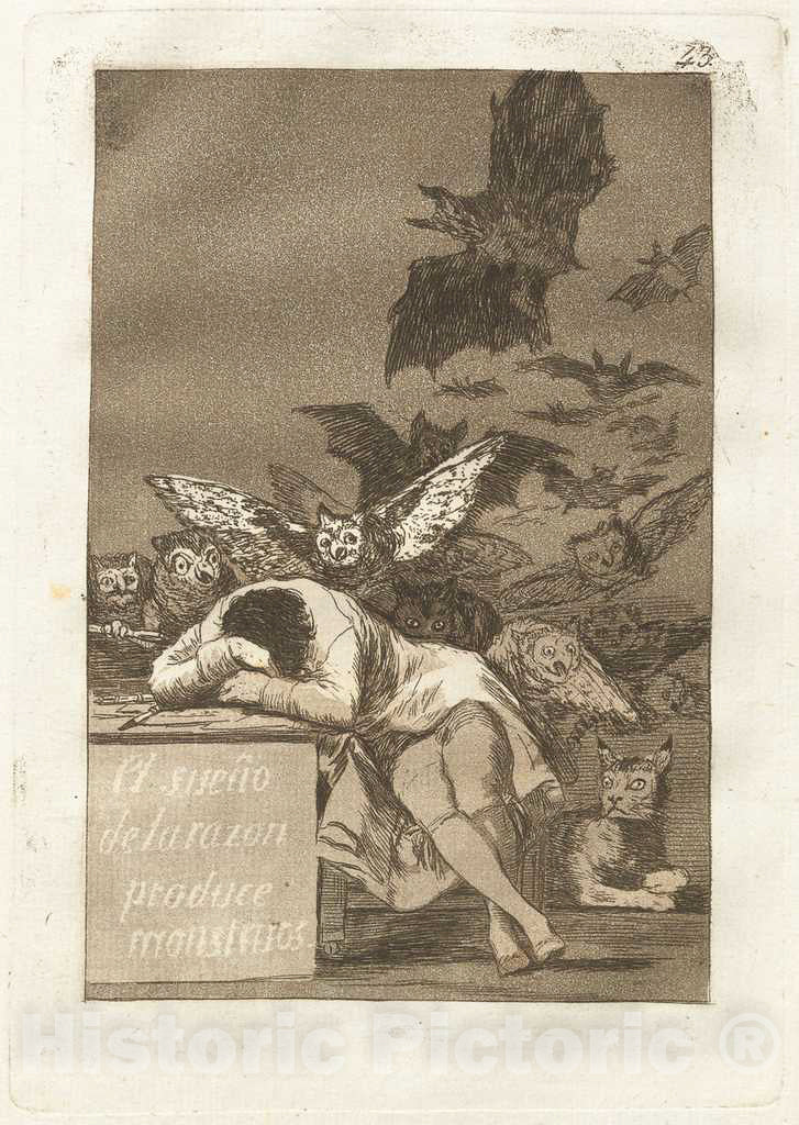 Art Print : El sueno de la razon produce monstruos (The Sleep of Reason Produces Monsters) 1799,  Francisco de Goya -  Vintage Wall Art