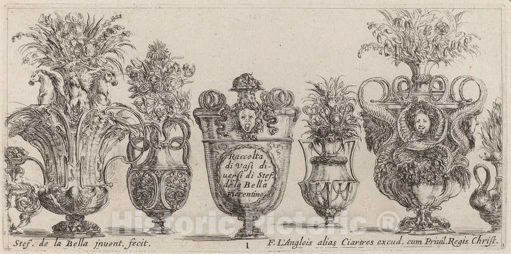 Art Print : Stefano Della Bella, Fantastic Vases, 1646 - Vintage Wall Art