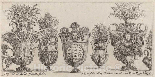 Art Print : Stefano Della Bella, Fantastic Vases, 1646 - Vintage Wall Art
