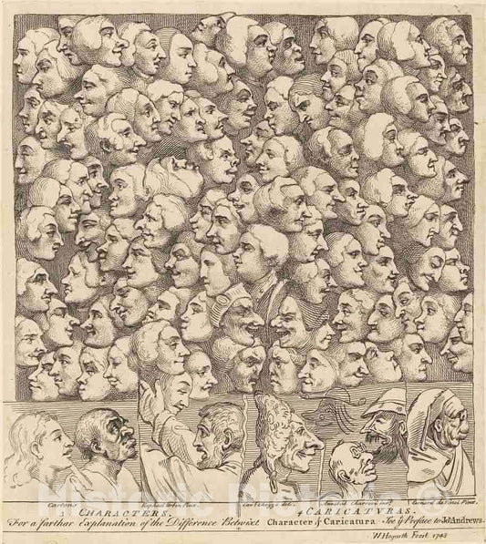 Art Print : William Hogarth, Characters and Caricaturas, 1743 - Vintage Wall Art