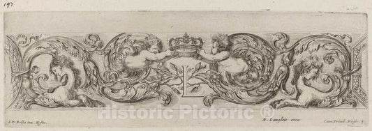 Art Print : Stefano Della Bella, Ornamental Frieze with Letter L (Louis XIV), 1648 - Vintage Wall Art
