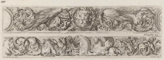 Art Print : Stefano Della Bella, Two Ornamental Bands with Head of a Lion and Woman, 1648 - Vintage Wall Art