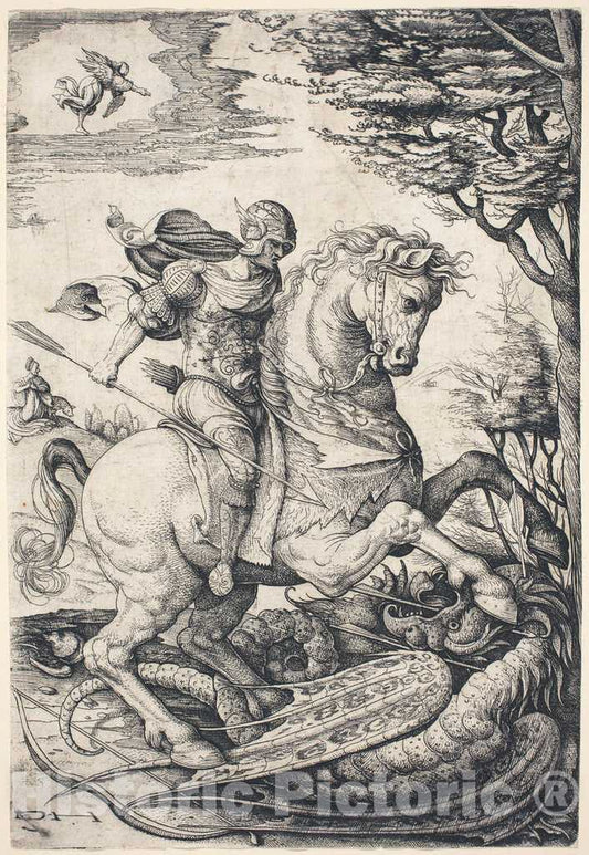 Art Print : Daniel Hopfer, Saint George on Horseback Slaying The Dragon - Vintage Wall Art