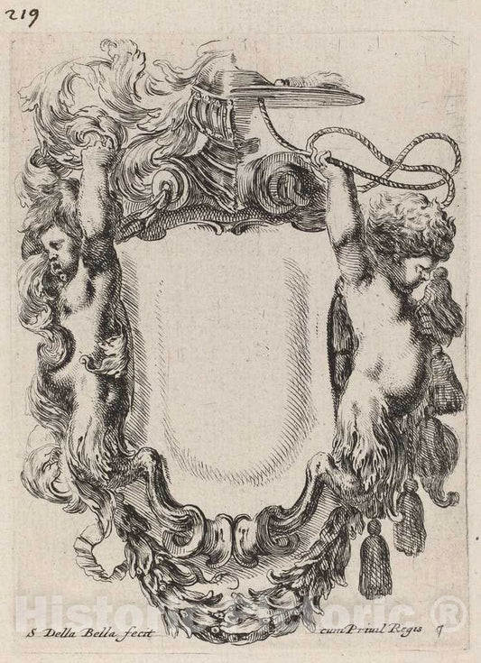 Art Print : Stefano Della Bella, Cartouche with Infant Satyrs, 1647 - Vintage Wall Art