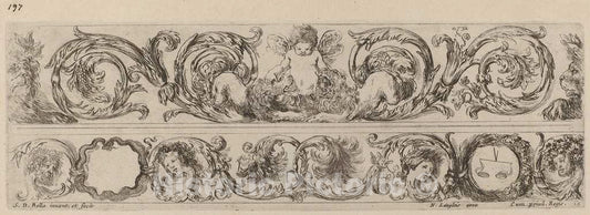 Art Print : Stefano Della Bella, Two Ornamental Bands with Cupid and Heads of The Four Seasons, 1648 - Vintage Wall Art