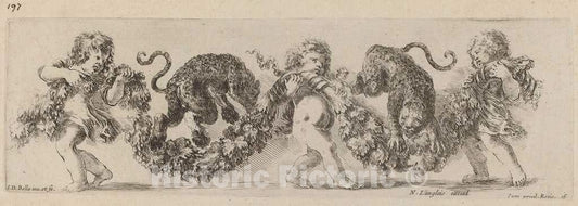 Art Print : Stefano Della Bella, Two Leopards Jumping a Festoon Supported by Children, 1648 - Vintage Wall Art