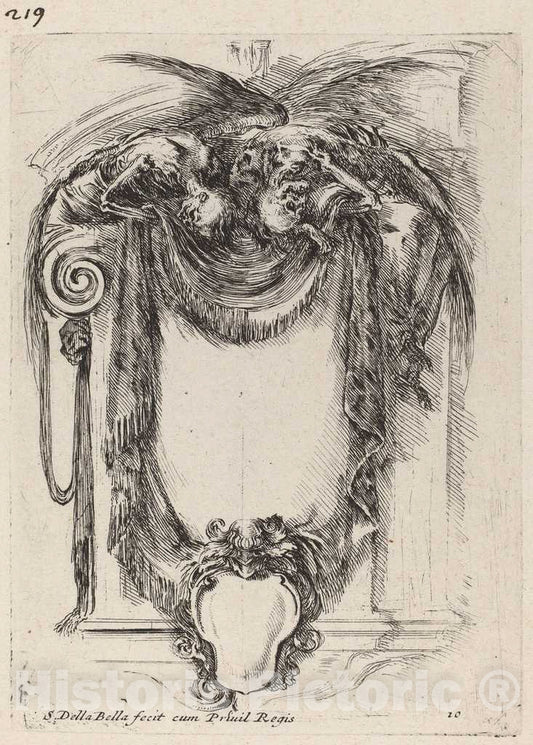 Art Print : Stefano Della Bella, Cartouche Suspended from Corpses, 1647 - Vintage Wall Art