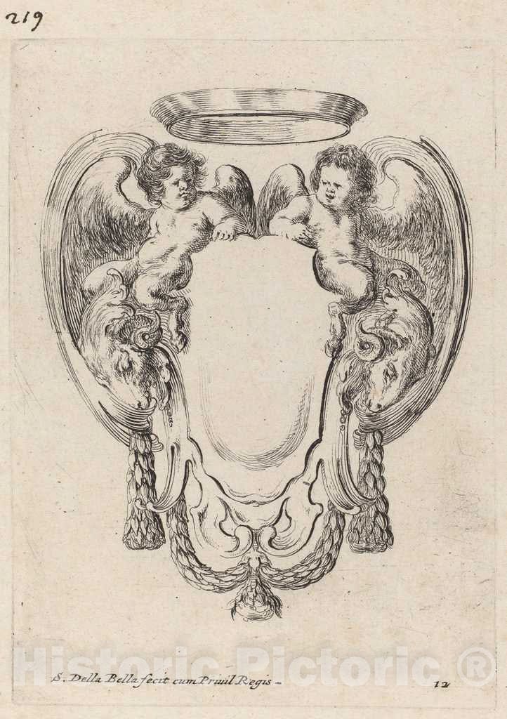 Art Print : Stefano Della Bella, Cartouche with Rams and Infant Satyrs, 1647 - Vintage Wall Art