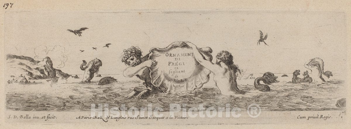 Art Print : Stefano Della Bella, Title Page for Ornamenti di fregi e fogliani, 1648 - Vintage Wall Art