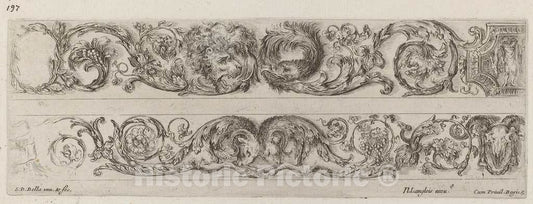 Art Print : Stefano Della Bella, Two Ornamental Bands with Facing Heads of Lion and Eagle, and Two Rams, 1648 - Vintage Wall Art