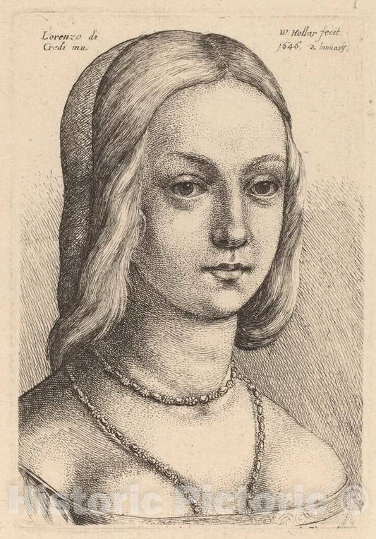 Art Print : Hollar After Lorenzo di Credi, Head of Woman Looking Right - Vintage Wall Art