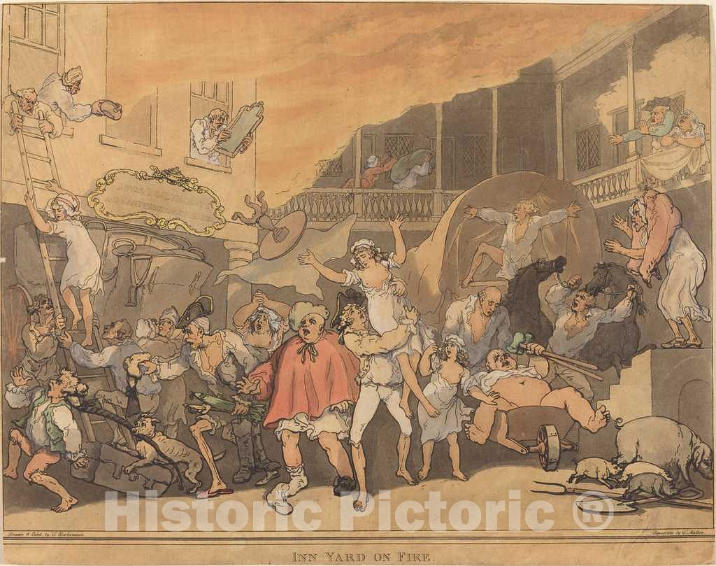 Art Print : Rowlandson, The Inn Yard on Fire, 1791 - Vintage Wall Art