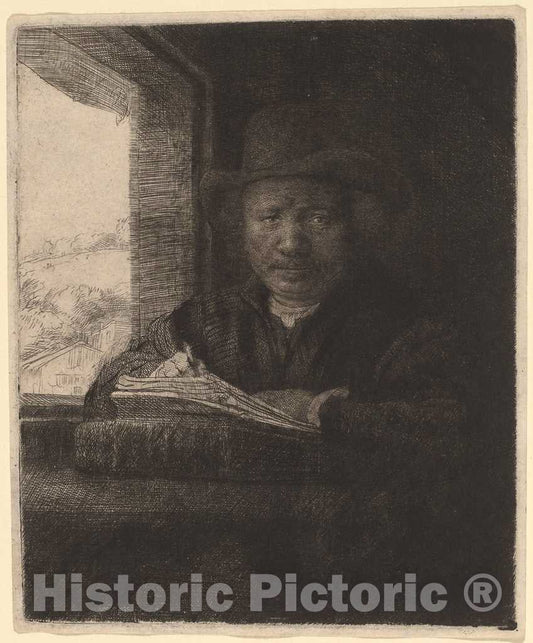 Art Print : Rembrandt, Self-Portrait Drawing at a Window, 1648 - Vintage Wall Art