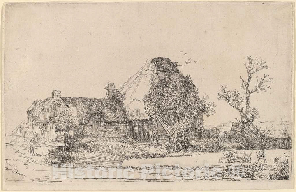Art Print : Rembrandt, Cottages and Farm Buildings with a Man Sketching, c. 1645 - Vintage Wall Art