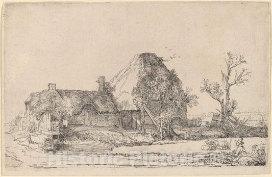 Art Print : Rembrandt, Cottages and Farm Buildings with a Man Sketching, c. 1645 - Vintage Wall Art