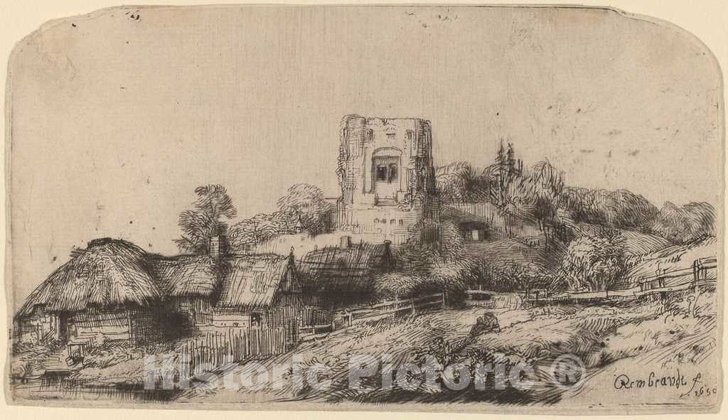 Art Print : Rembrandt, Landscape with a Square Tower, 1650 - Vintage Wall Art