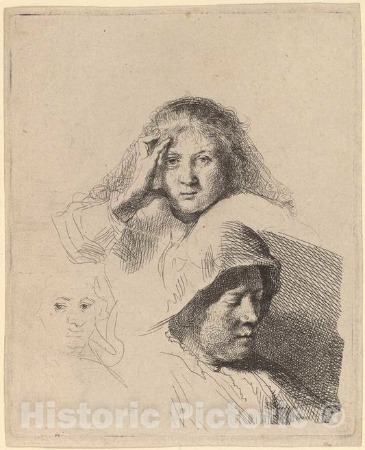 Art Print : Rembrandt, Three Heads of Women, One Lightly Etched, c. 1637 - Vintage Wall Art