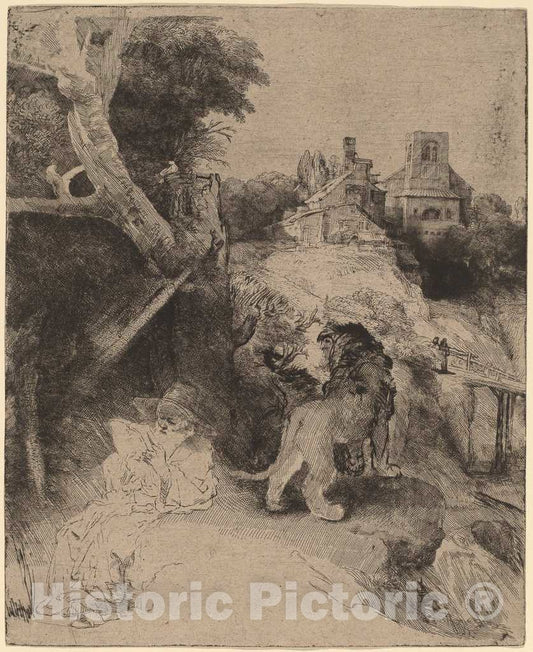 Art Print : Rembrandt, Saint Jerome Reading in an Italian Landscape, c. 1653 - Vintage Wall Art