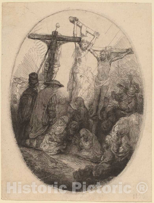 Art Print : Rembrandt, Christ Crucified Between The Two Thieves: an Oval Plate, c. 1641 - Vintage Wall Art