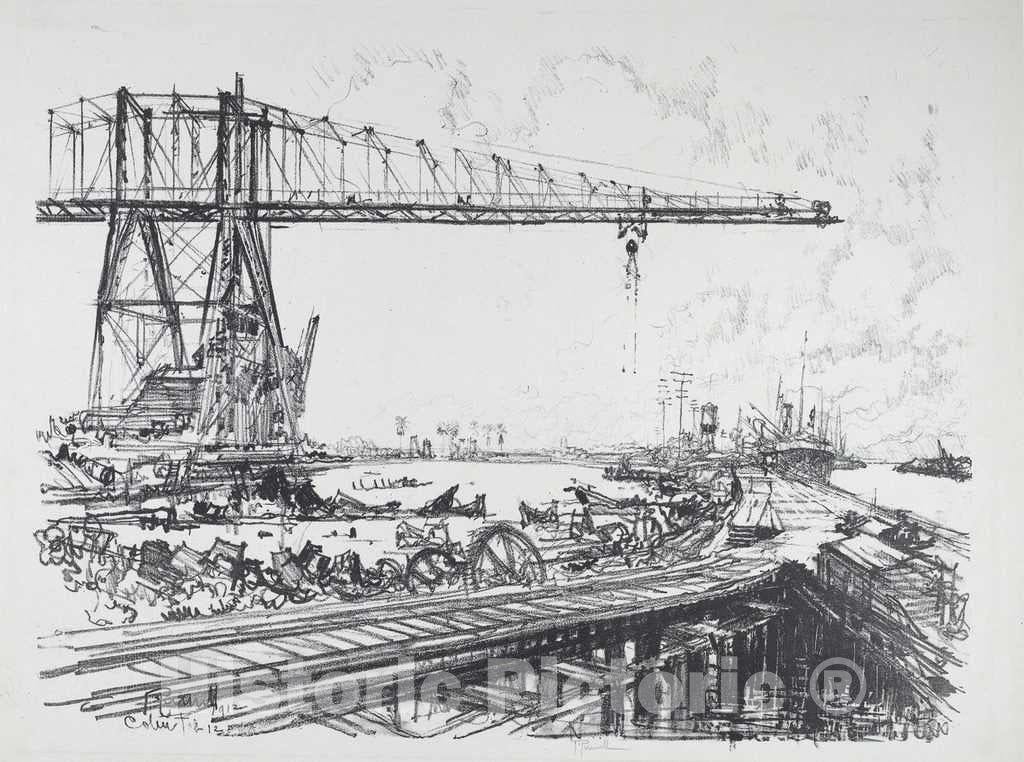 Art Print : Joseph Pennell, French Canal and American Cranes, 1912 - Vintage Wall Art