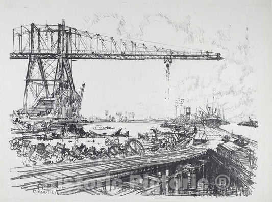 Art Print : Joseph Pennell, French Canal and American Cranes, 1912 - Vintage Wall Art